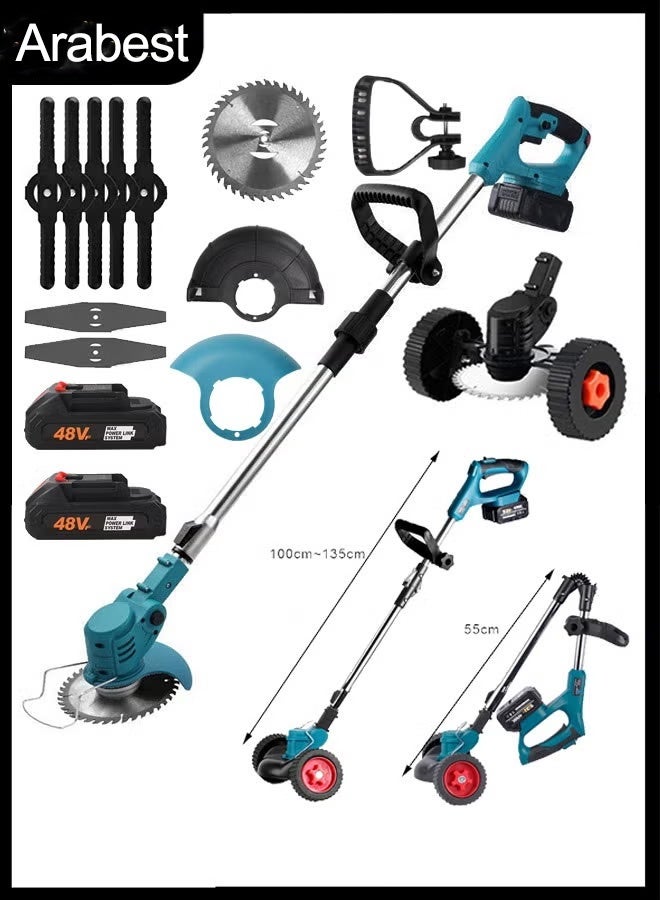 عربست جزازة عشب لاسلكية 48 فولت، قابلة للطي والسحب مع شاحن سريع، تعمل ببطارية 4.0 أمبير، مزودة بثلاث شفرات قص، أداة تشذيب عشب كهربائية محمولة لأعمال الحديقة - Image 1